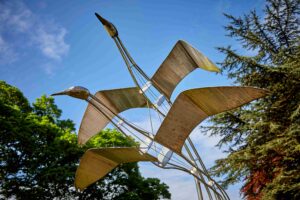 Steel fabricated sculpture of flying geese