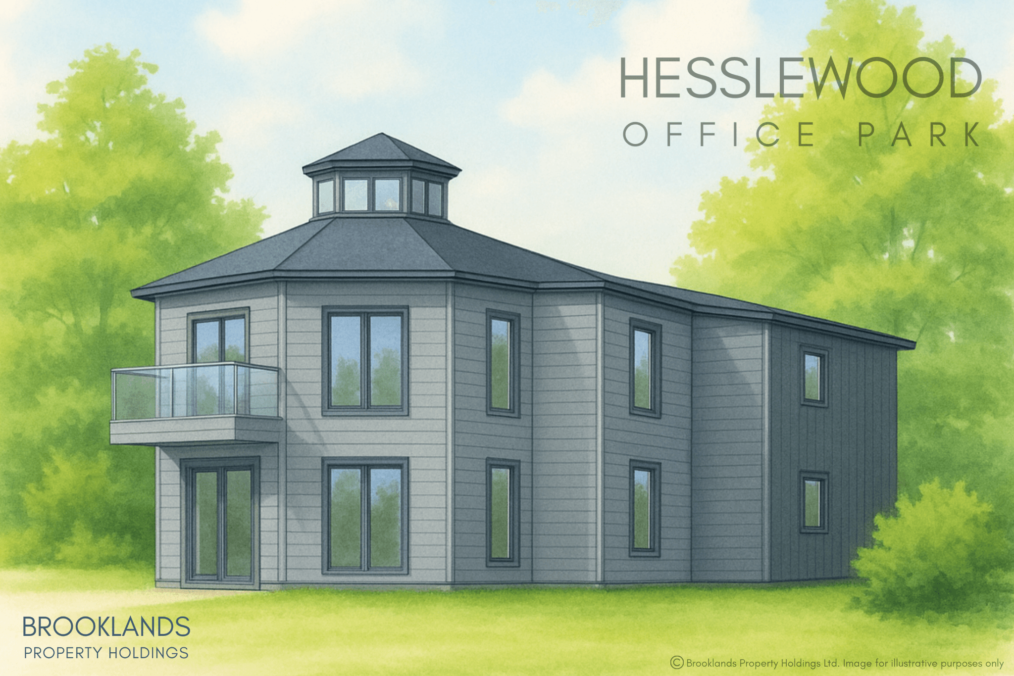 Illustrated image of The Dovecote, which is an office building. The building is grey, wooden-clad, 2 storey, and hexagonal in shape. There is a glass balcony and trees in the background.