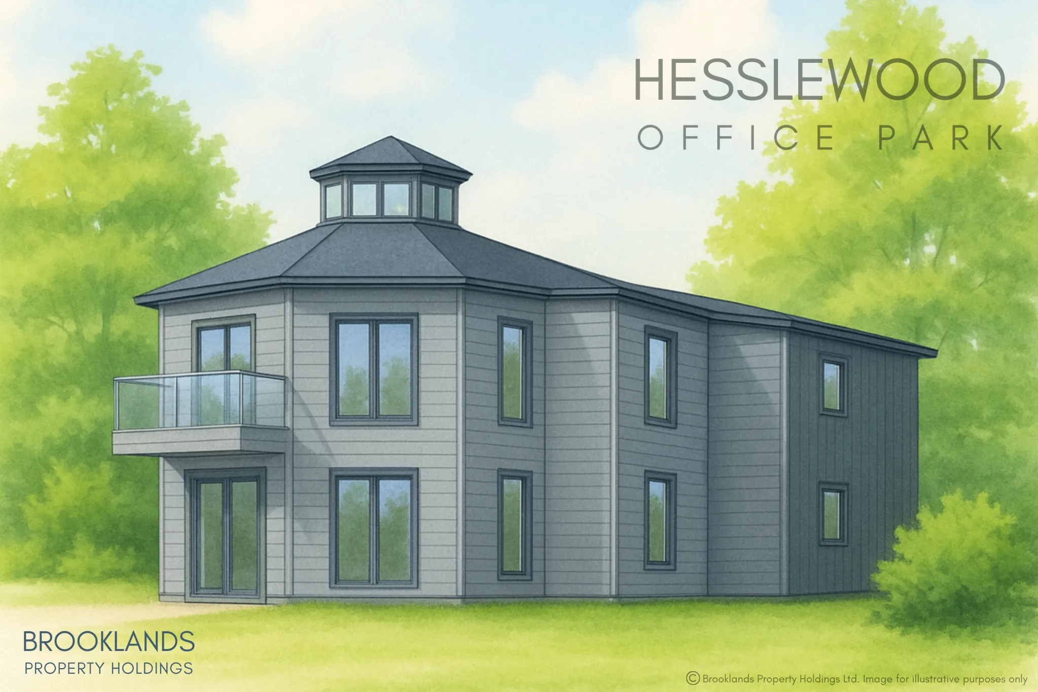 Illustrated image of The Dovecote, which is an office building. The building is grey, wooden-clad, 2 storey, and hexagonal in shape. There is a glass balcony and trees in the background.