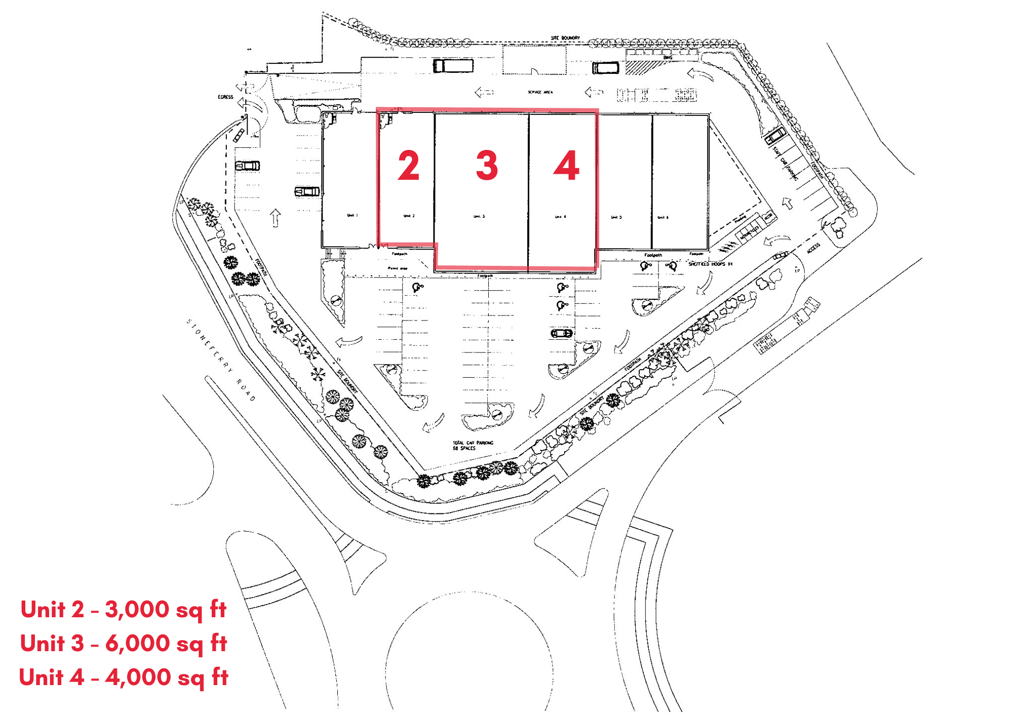 Floorplan of available units at The Point. Showing unit 2 at 3,000 square feet, Unit 3 at 6,000 square feet, and Unit 4 at 4,000 square feet