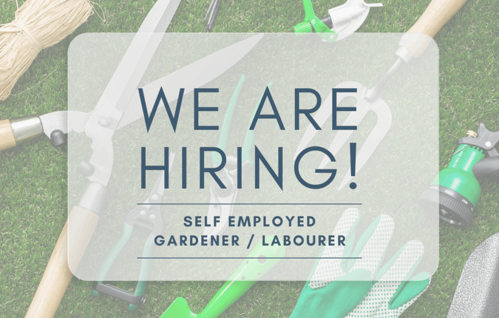 Image of gardening tools, with text overlay advertising Gardener / Labourer Vacancy with Brooklands Property Holdings