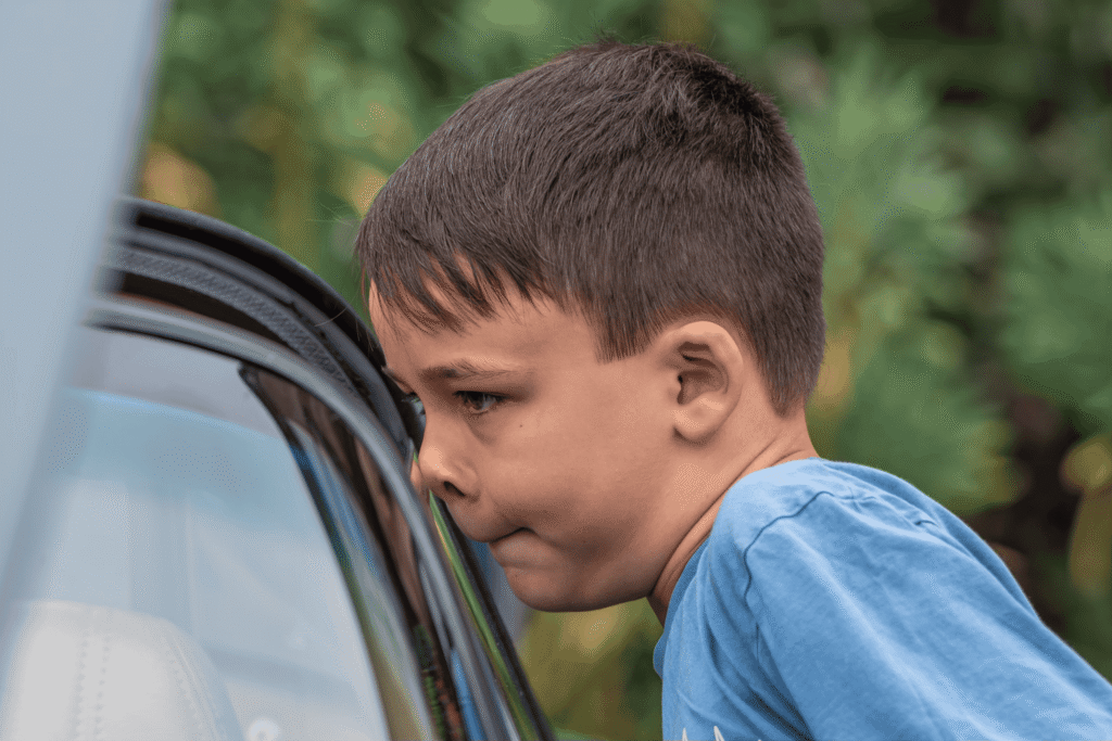 A young boy peers closely into the window of a classic car at Classic Cars at Hesslewood 2025, his expression full of curiosity.