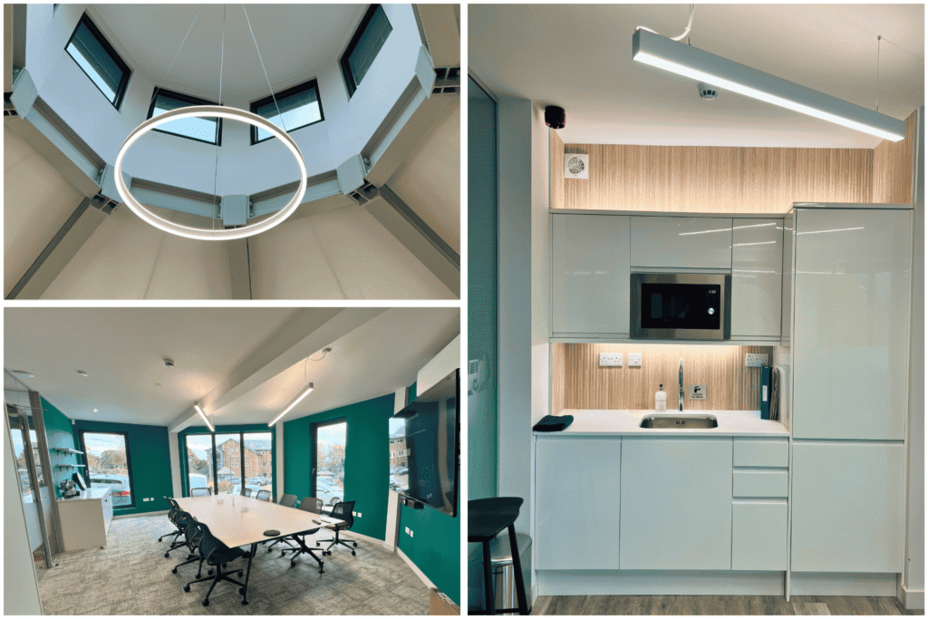 “Three-photo collage showing the interior of a modern office: a circular ceiling light feature beneath high windows, a spacious meeting room with a large table and teal accent walls, and a contemporary kitchenette with glossy cabinets, integrated appliances, and under-cabinet lighting.