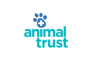 Animal Trust Logo. Animal Trust written in a turquoise colour, with a blue paw print above